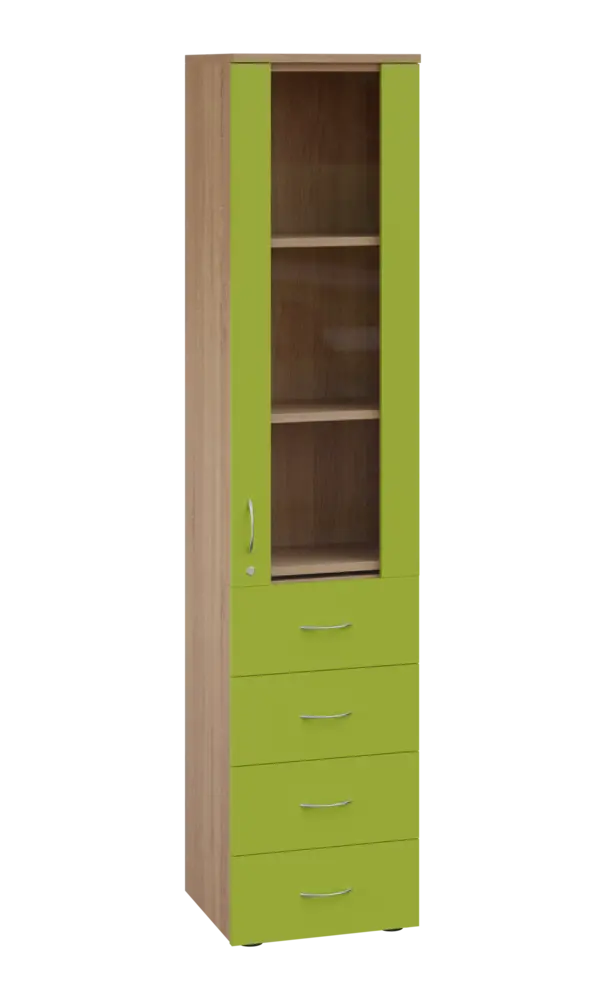 LE - 44 skříň léková prosklená, pravá, korpus dub bardolino, dvířka jarní zeleň